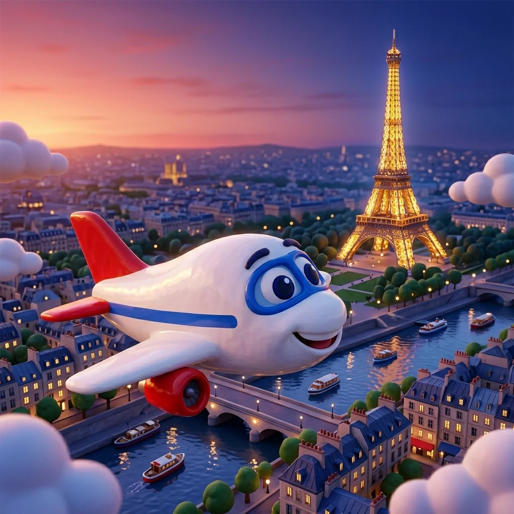 Jumbo near Eiffel Tower at twilight